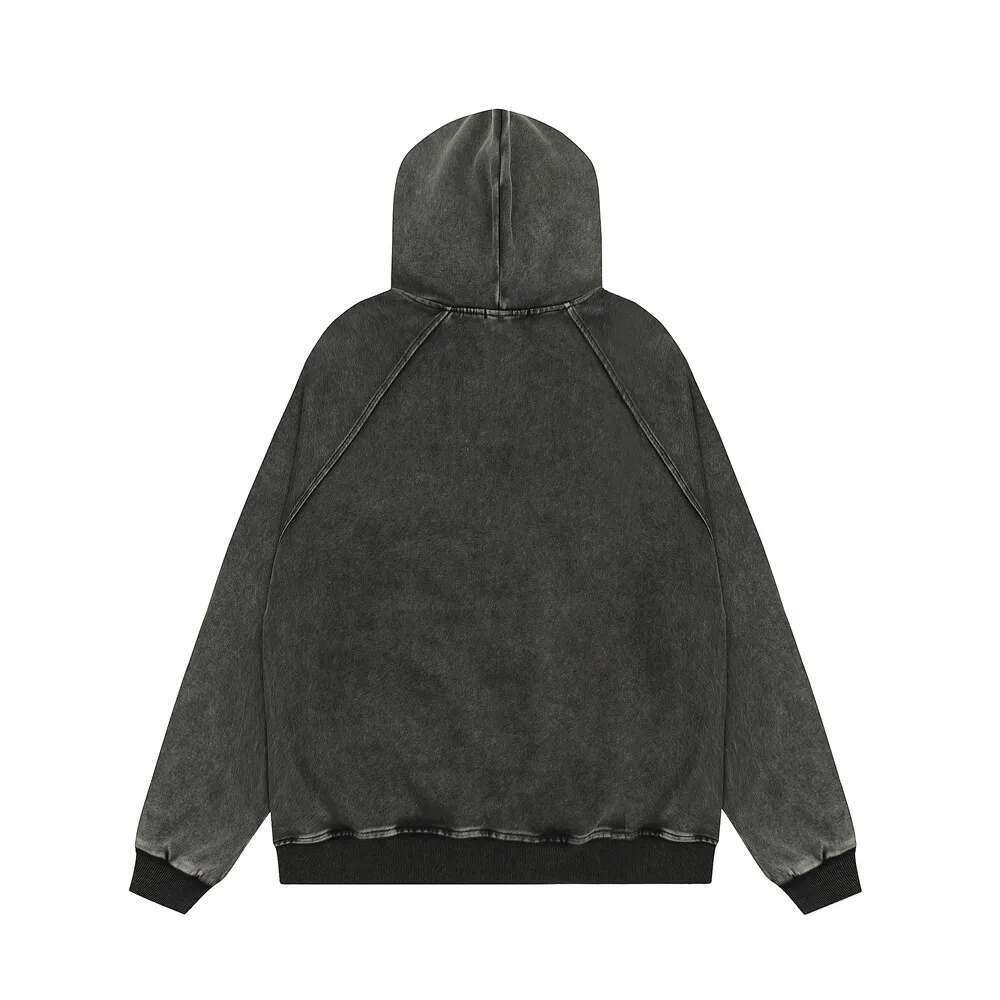 Print Hooded Jacket Mens Autumn Washed Distressed Rock High Street Loose Long Sleeve Zipper Fly Outerwear Men