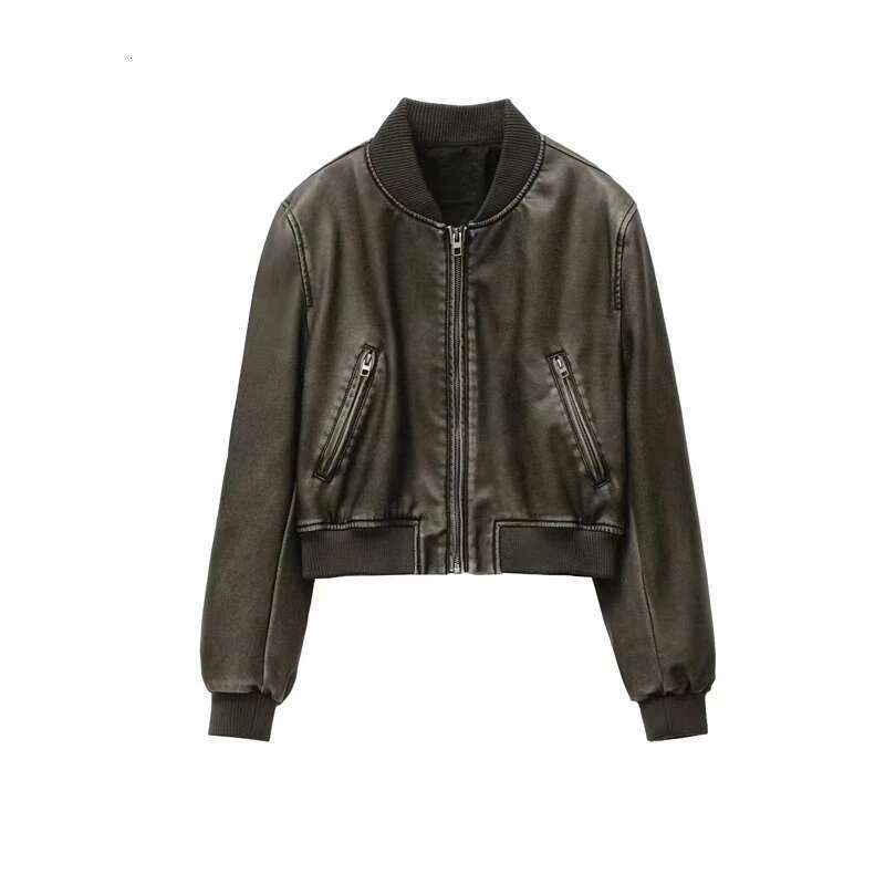 Women's Street Fashion Faux Bomber Jacket Stand Collar Black Short Leather Coat