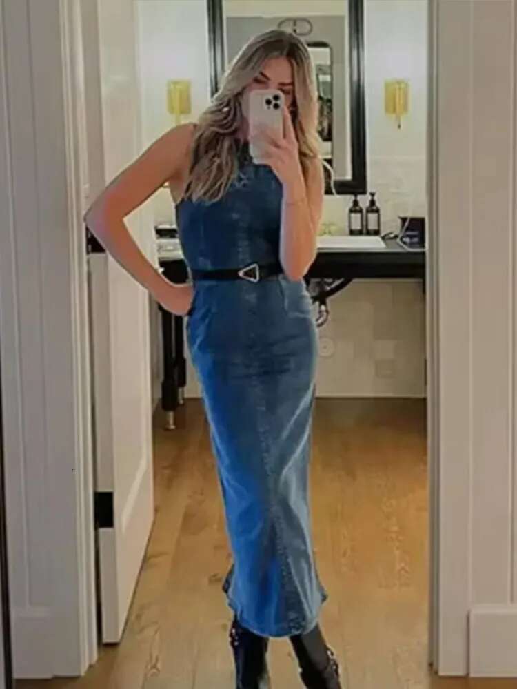2025 Summer New Women's Skinny Fit Denim Dress Elegant O-Neck Sleeveless Waist-Cinching Midi Dresses Trendy Casual Streetwear