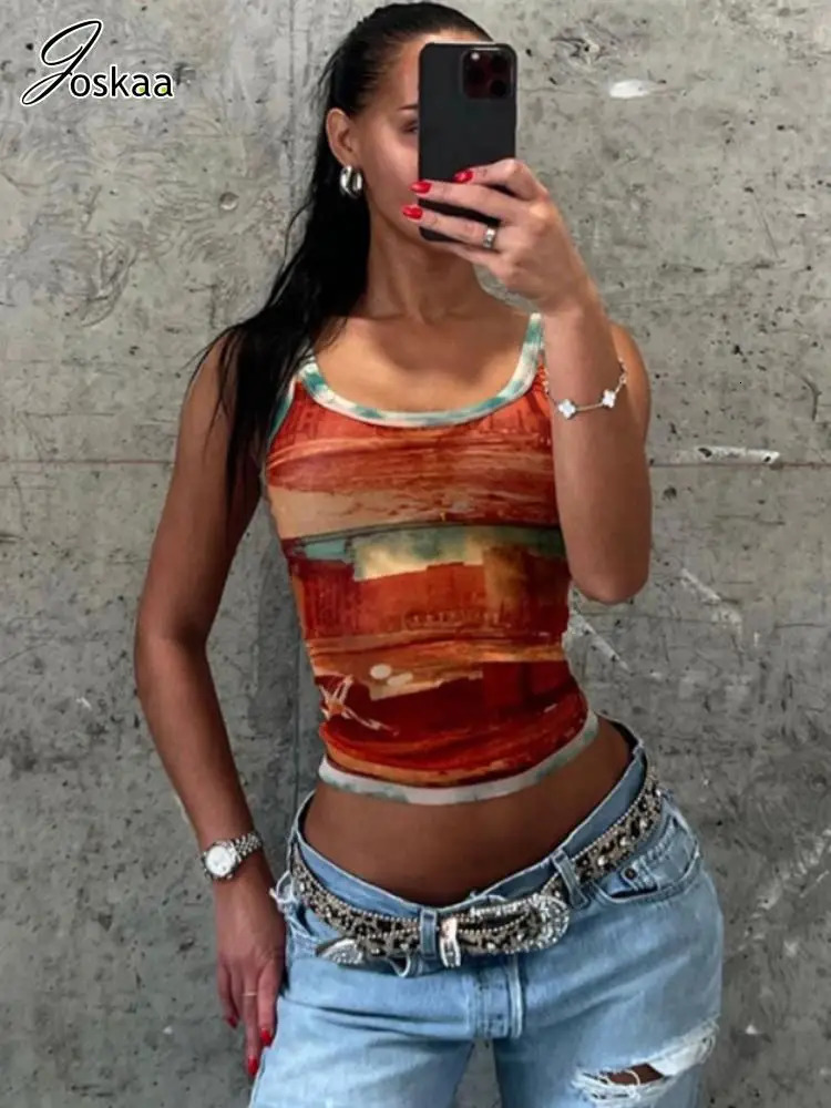 Joskaa Fashion 3D Printed Mesh Y2K Camisole Women Trend Summer O-Neck Sleeveless Slim Crop Tank Tops Graphic Tees Streetwear 250407