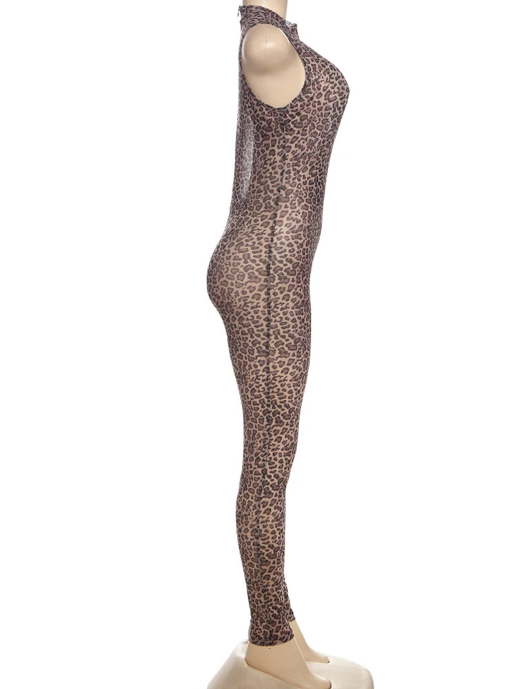 Nibber SKinny Hollow Jumpsuit Women See Through Sexy Leopard Print Sleeveless Hipster Street Midnight Party Workout Overalls 250407