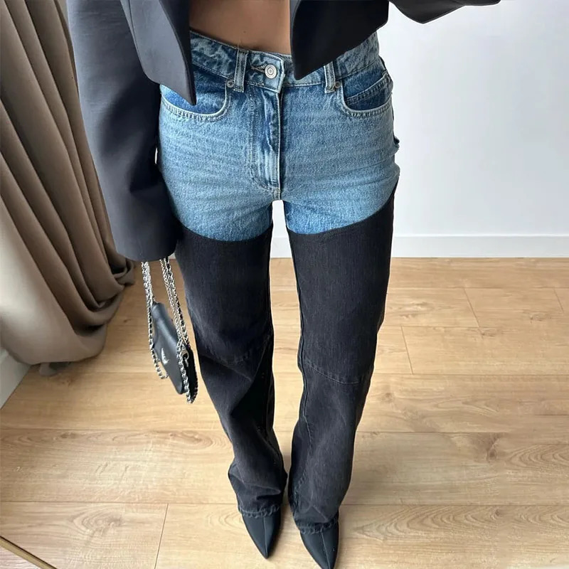 Fashionable color patch work jeans for womens casual Distressed denim pants fashionable products straight leg in spring 250407