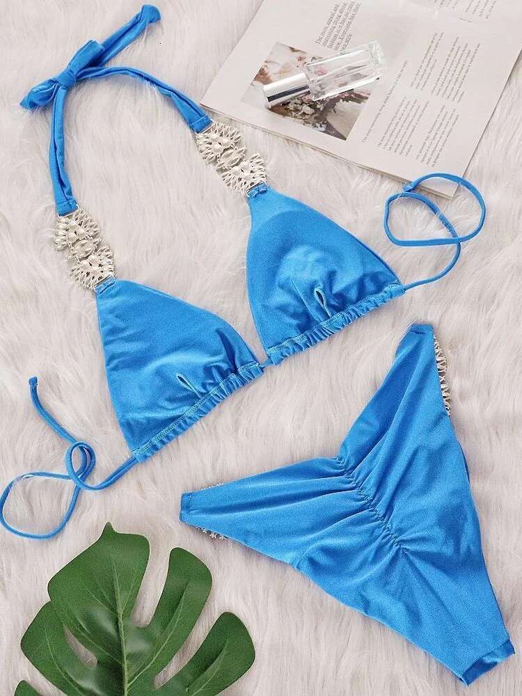 Dongdumaoyi Sexy Rhinestone Bikini Women Luxury Hot Pink Diamond Push Up Thong Swimsuit Summer Bathing Suit Two Piece Biquini
