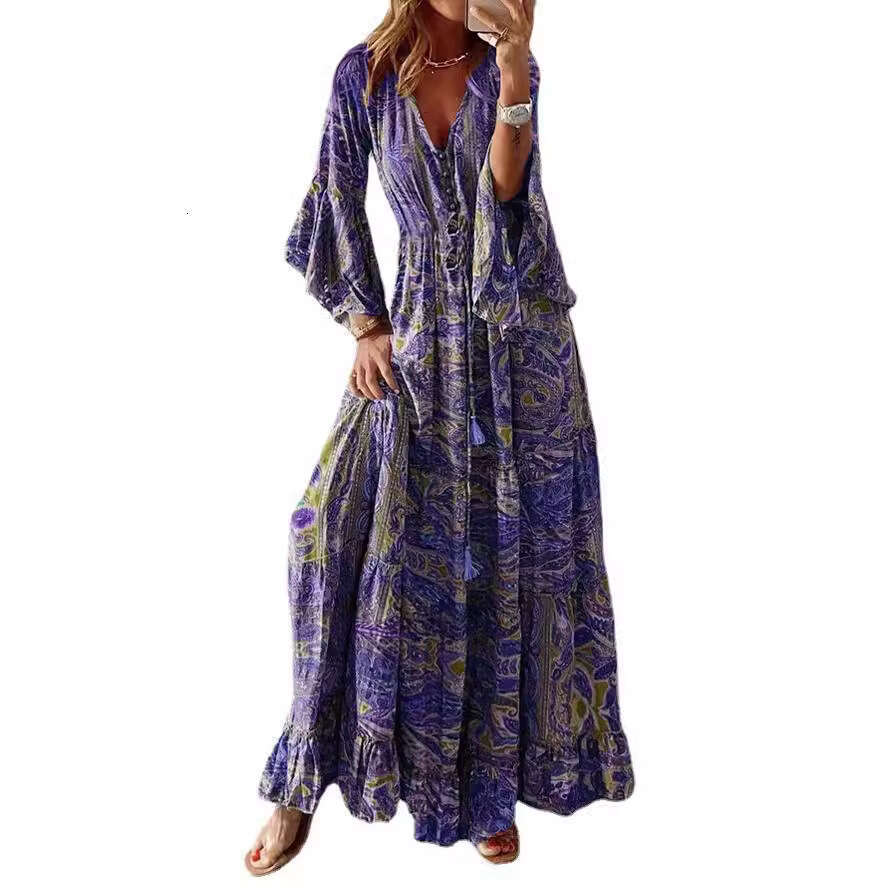 2025 Cross-Border Bohemian Style Bell Sleeve Printed V-Neck High Waist Vacation Floral Women's Long Dress