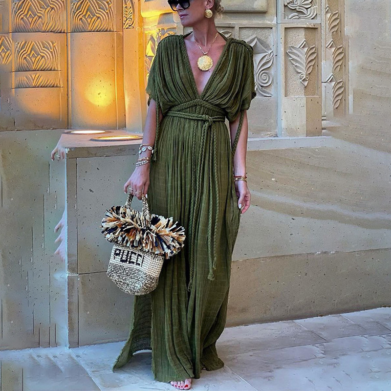 New bamboo cloth button waist rope long skirt cardigan vacation beach coat long skirt bikini womens dress