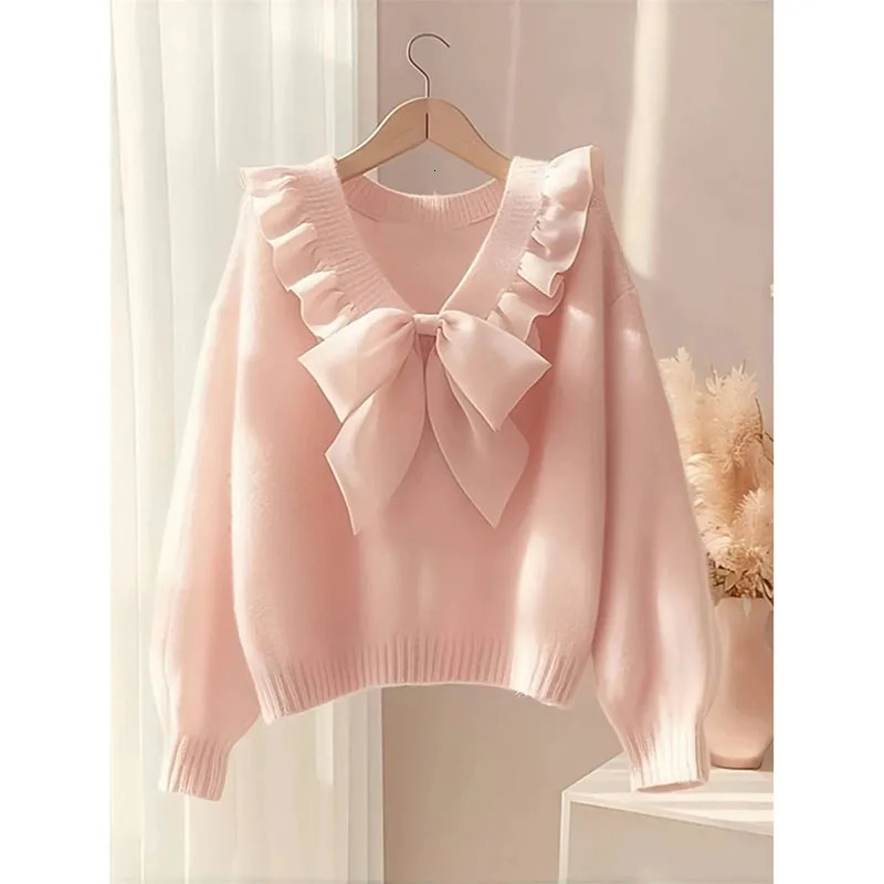 Pink Bow Knited Sweater Sweatshirt Unique Super Beautiful Long Sleeved Top 2025 Spring Autumn Women Knitwear Pullover Shirt 251104