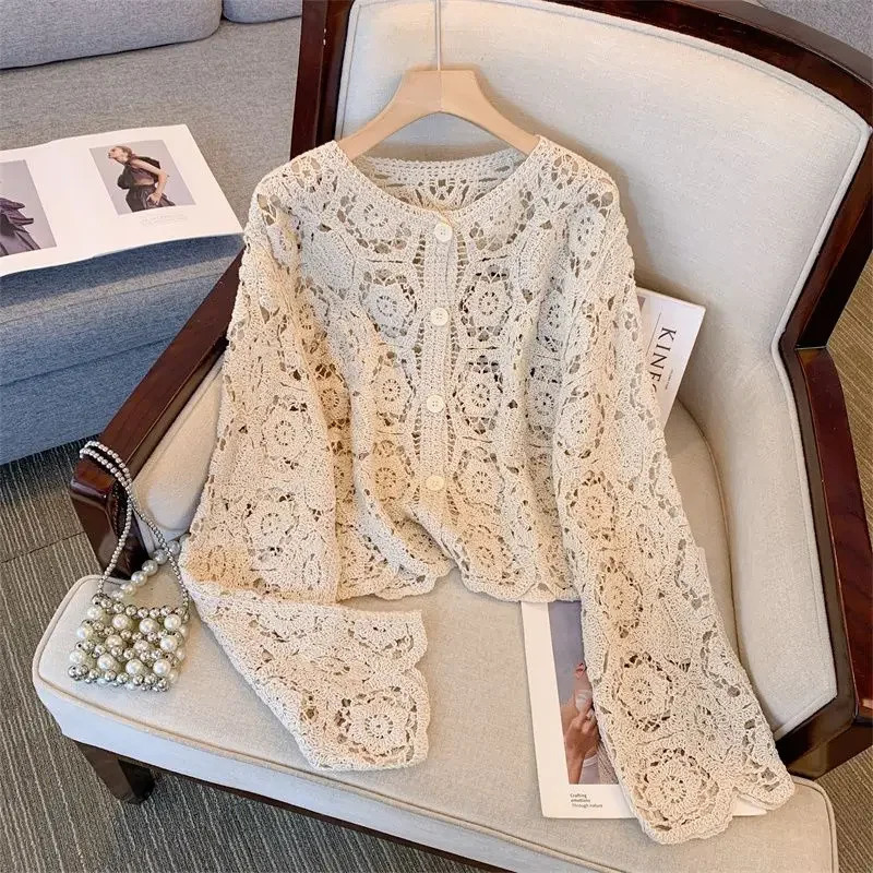 Spring and Autumn Hollow Lace Knitted Cardigan Coat Womens French Holiday Style Hook Flower Sunscreen Summer Shawl 250408