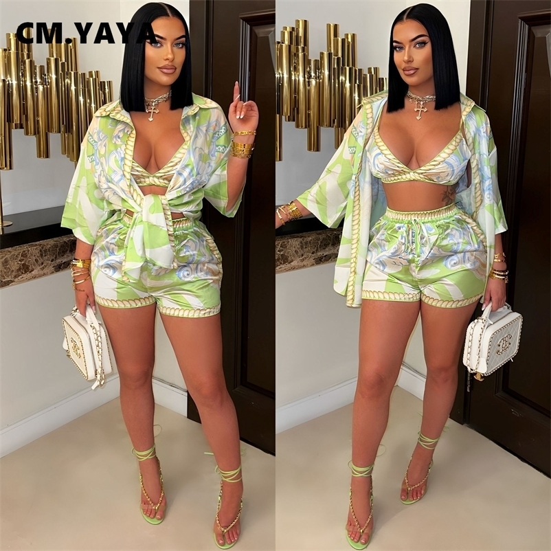 CM.YAYA Paisley Printed Womens Set Three Quarter Sleeve Top and Shorts Beach 3- Piece Sets Outfit Tracksuits 250407