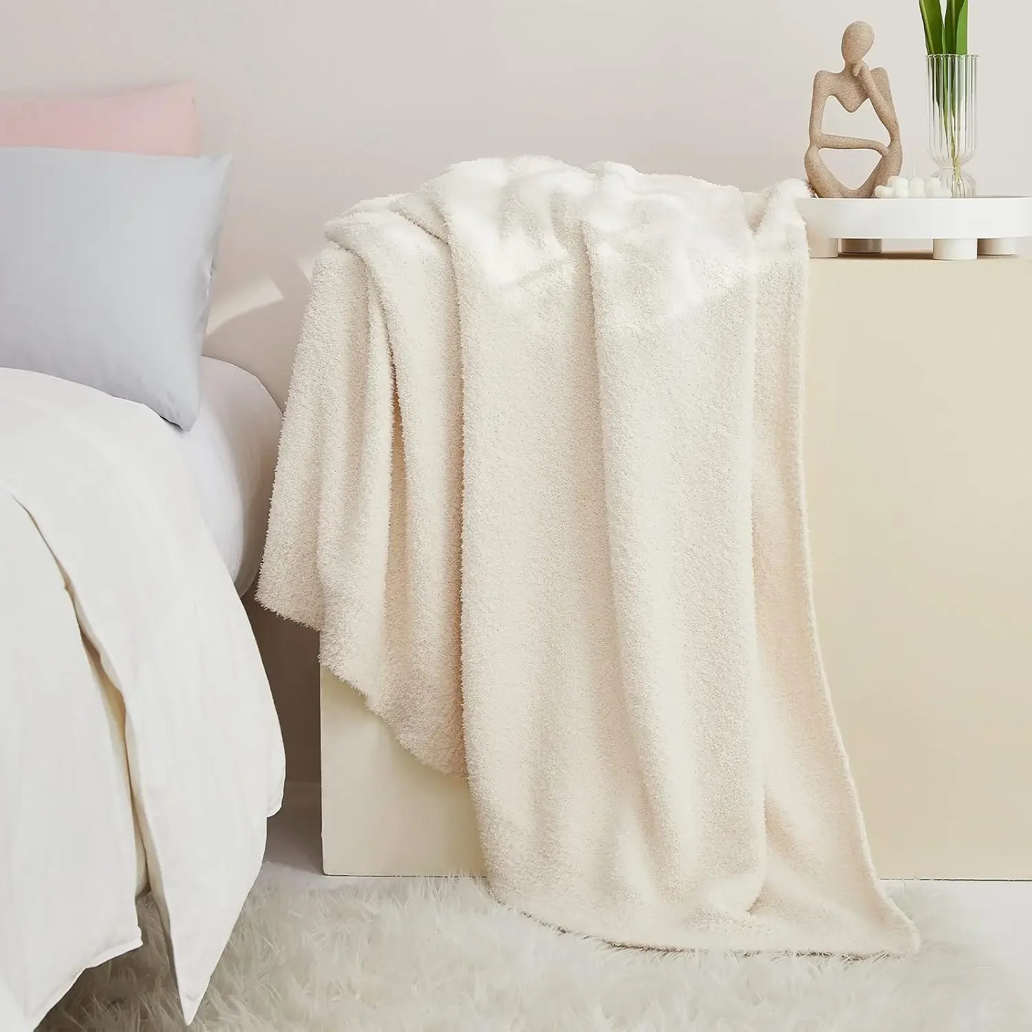Knit Throw Blanket for Couch Cream White - Super Soft Lightweight Plush Fuzzy Fluffy Cozy Blankets 50 x 60 inches 250408
