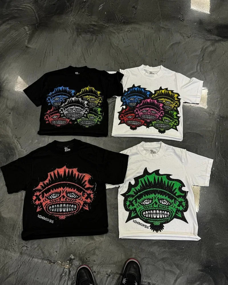 American Gothic trend cartoon pattern oversized short sleeved Tshirt mens Y2K street Harajuku casual loose couple top 250408Z