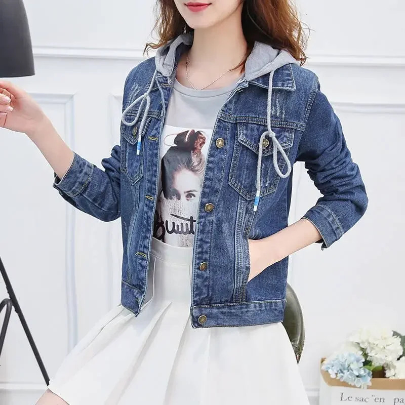 Womens short denim jacket long sleeved hoodie slim fit springsummer Korean retro student top 250407