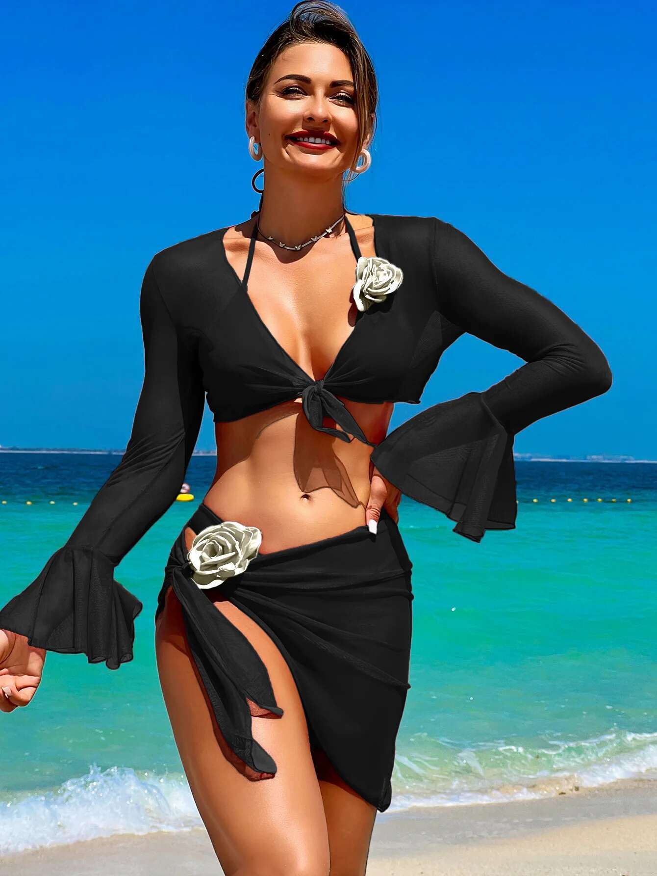 Dongdumaoyi Sexy Mesh Piece Bikinis Set Women Red Black Flare Long Sleeve Cover Up With Skirt Swimsuit Beach Holiday Bathing Suit Swimwear