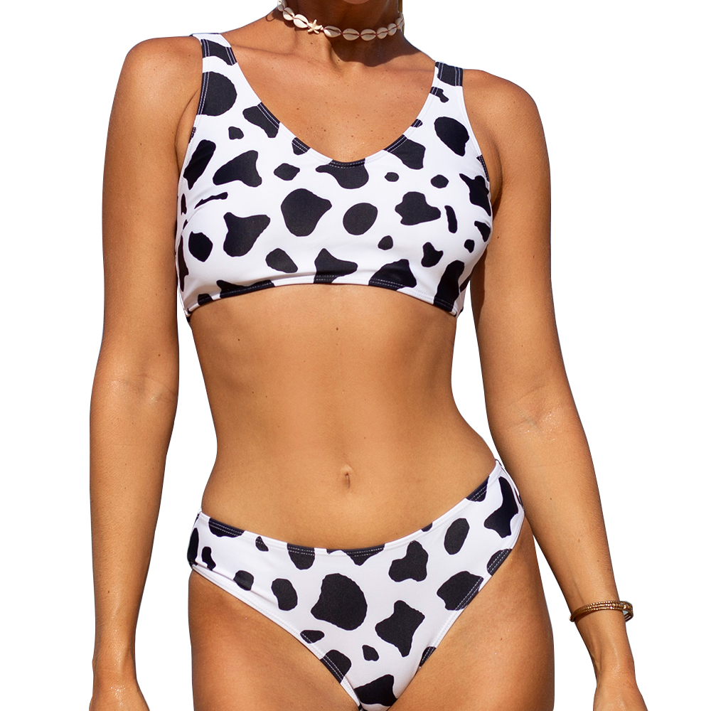 Dot Print V Neck High Waist Scoop Back Padded Soft Cups White Bikini Set