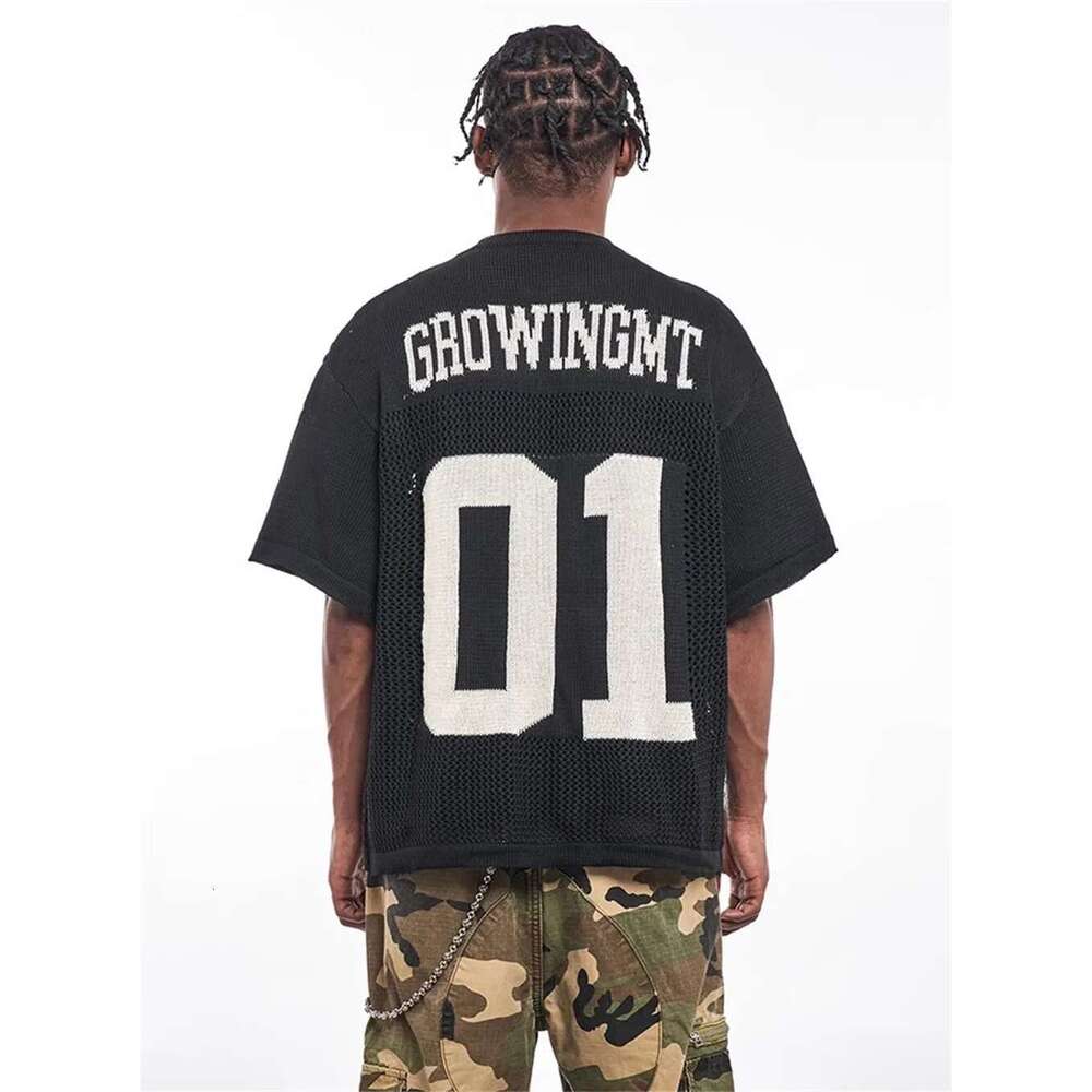Hollow Out Letter Jacquard Knitted T-Shirt Mens Summer High Street Loose Crew Neck Half-Sleeve Breathable Tee Men