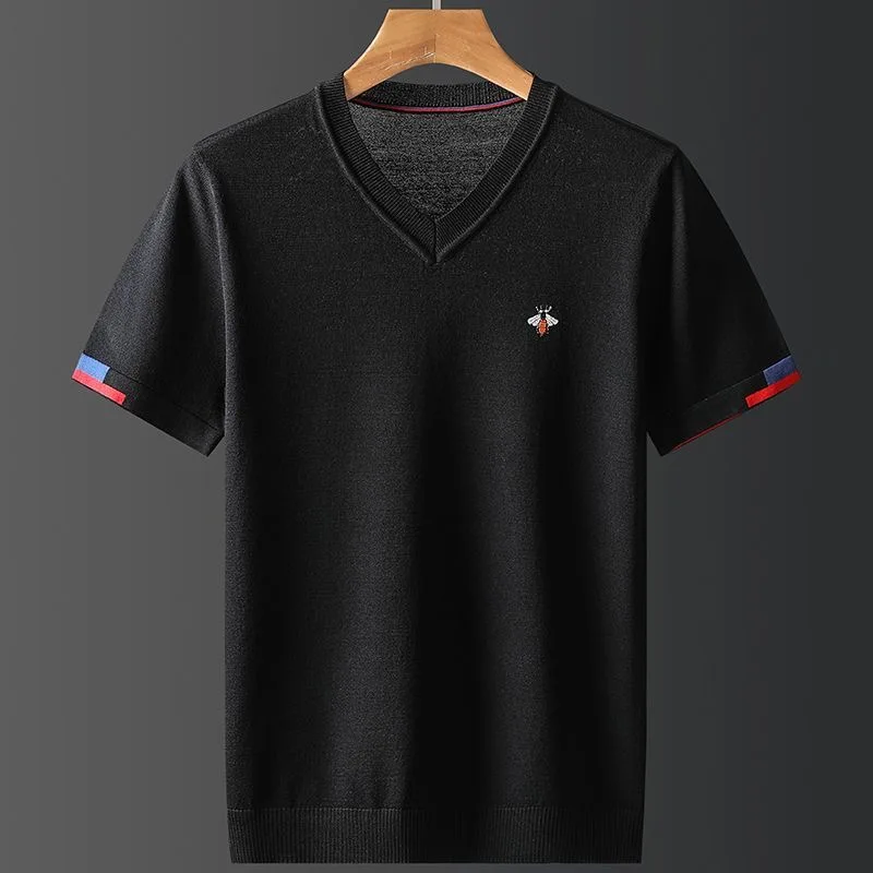 little bee embroidered knitted T-shirt men's round neck summer ice silk breathable casual short sleeve Top