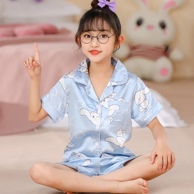 Kids Pajama Girl Ice Silk Short Sleeve Cardigan Sweet Childrens Clothing Long Sleeve Tops Pants Sleepwear Pyjama Clothes 250408
