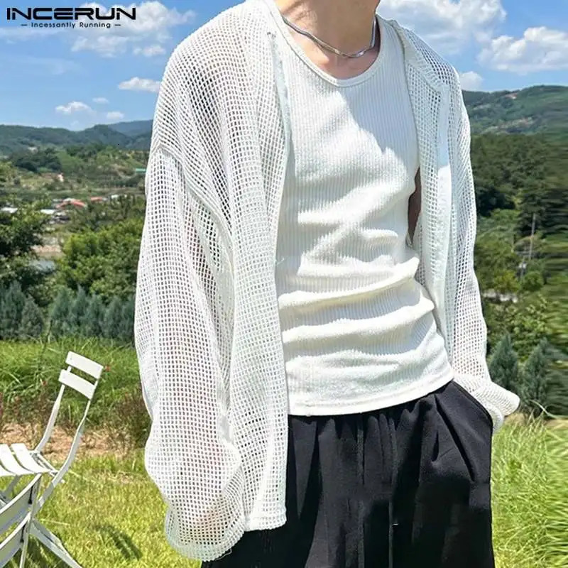 Fashion Well Fitting Tops INCERUN Mens Hollow Grid Zipper Shirts Casual Streetwear O-neck Long Sleeved Blouse S-5XL 250407
