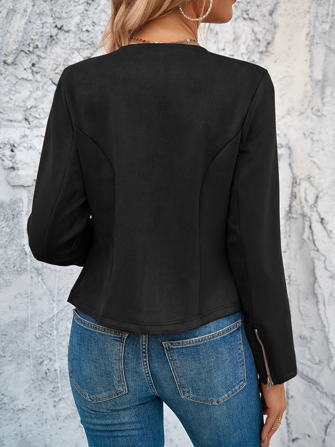 Womens fashionable round neck slim fit top with zippered cuffs access control zipper Cardigan short jacket 250407