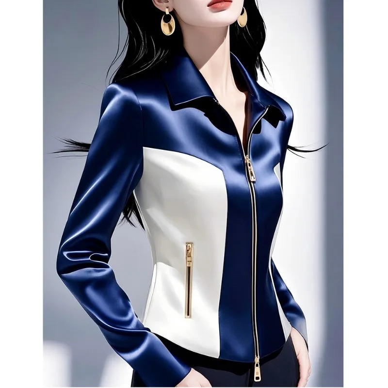 This years spliced colorful satin womens jacket early spring highend fashion ultrathin zipper top 250407