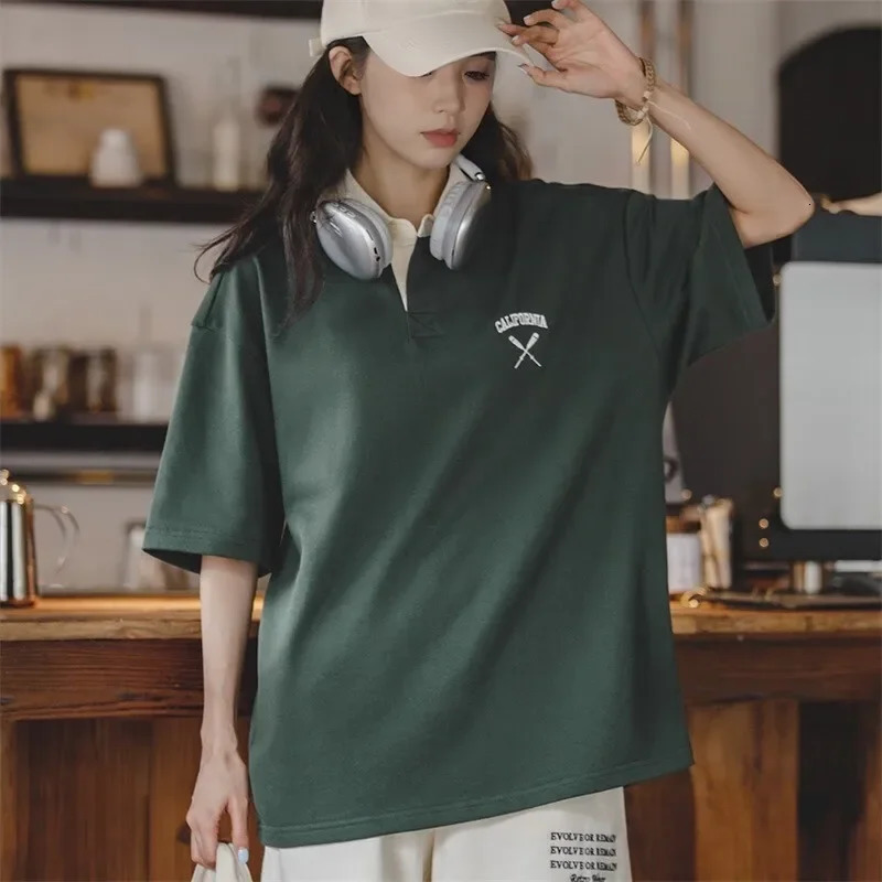 Maden Vintage Lapel College Short Sleeve Polo Shirts for Women Loose Knitted Big Size Golf Tee Summer Casual Cotton T-shirt 250408