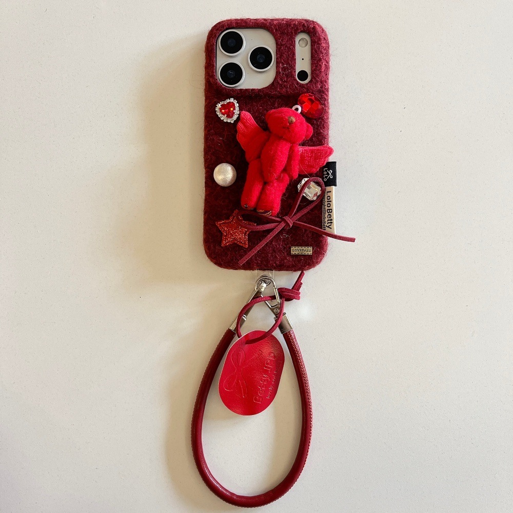 Rhinestone Plush Bear Cartoon Phone Case Compatible with iPhone 17/16 Pro Solid Color Lanyard Case iPhone 15 Niche 14