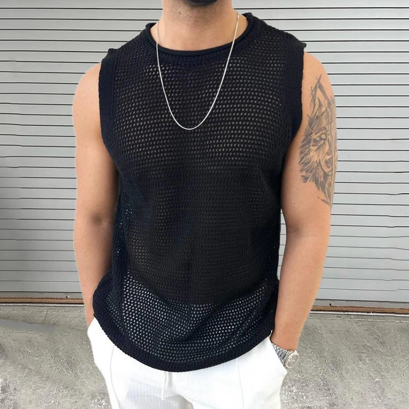 Casual solid color hollow mens knitted vest summer casual O-neck sleeveless mens fashionable ultra-thin knitted vest 250403