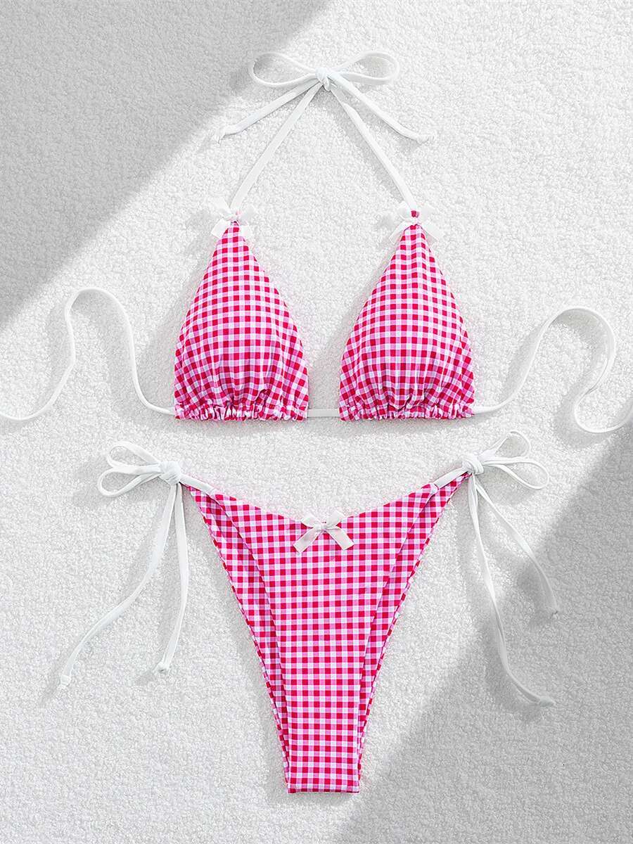 Dongdumaoyi Push Up Bikini Set Women Sexy Red Plaid Print Summer Micro Swimsuit Brazilian Cut Out Beach Bathing Suit Thong Swimwear