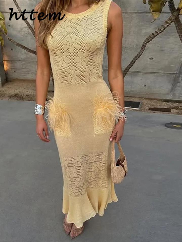 Fashion Knitted Long Hair Mermaid Dress for Womens Elegant Hollow Sleeveless Party Dress Summer Womens Splicing Beach Dress 250402