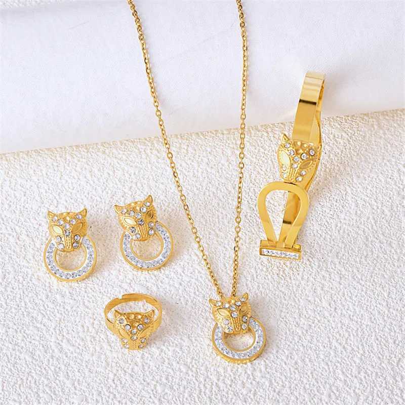 316L stainless steel animal leopard head inlaid crystal round bracelet earrings wedding jewelry set Y250408