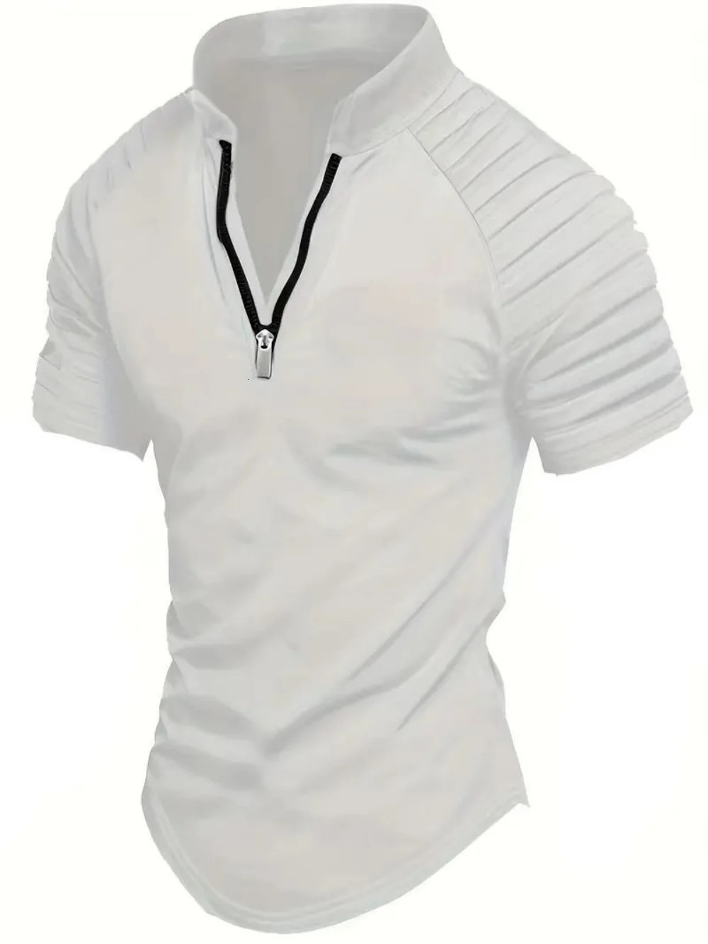 Mens polo shirt for spring sports solid color stand up collar pleated zipper breathable and casual summer fashion top short sleeved 250402