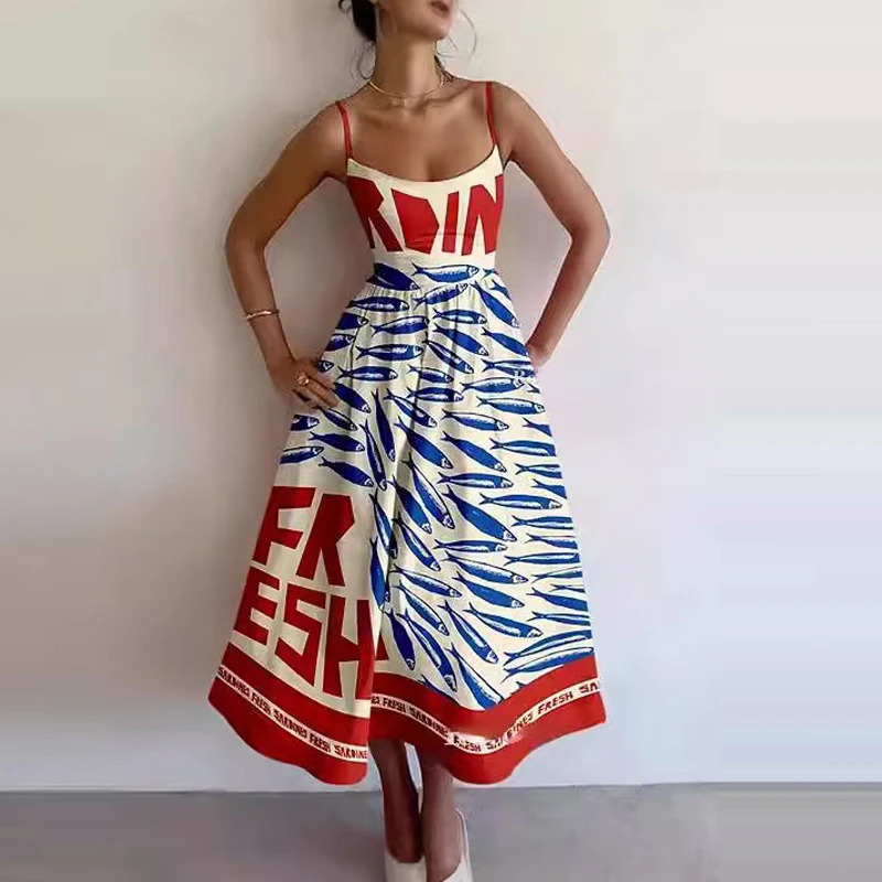 Summer Ethnic Style Women Dresses Casual Strap Off Shoulder Holiday Dress All Match Printed Tie-up Loose Pocket Maxi Dress 250407