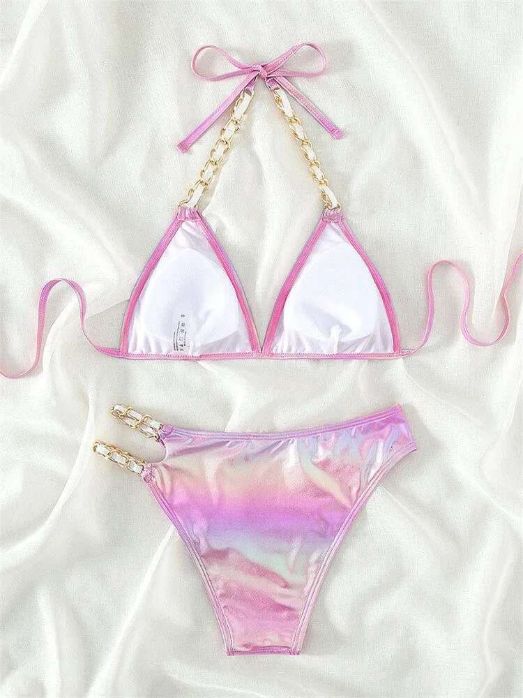 Dongdumaoyi Push Up Bikini Micro Bikinis Set Pink Gradient Metal Strap Swimsuit Women Sexy Cut Out Bathing Suit High Waist Swimwear