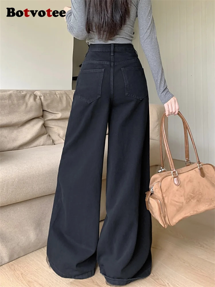 Botvotee Brown Pocket Jeans Womens High Waist Wide Leg Street Clothing Y2k Fashion Black Denim Pants Beige Slow 250407