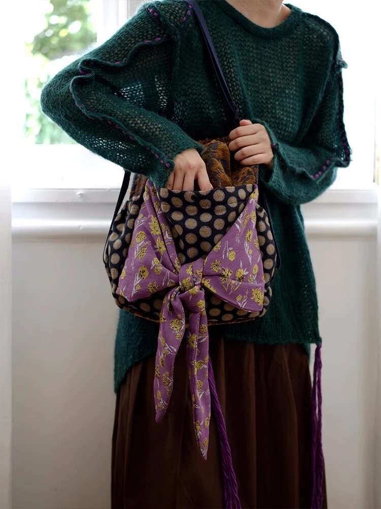 Vintage High Quality Purple Fabric Women Backpack Multifunctional Large Capacity Spliced Printed Hand-Held Shoulder Bag For Girl