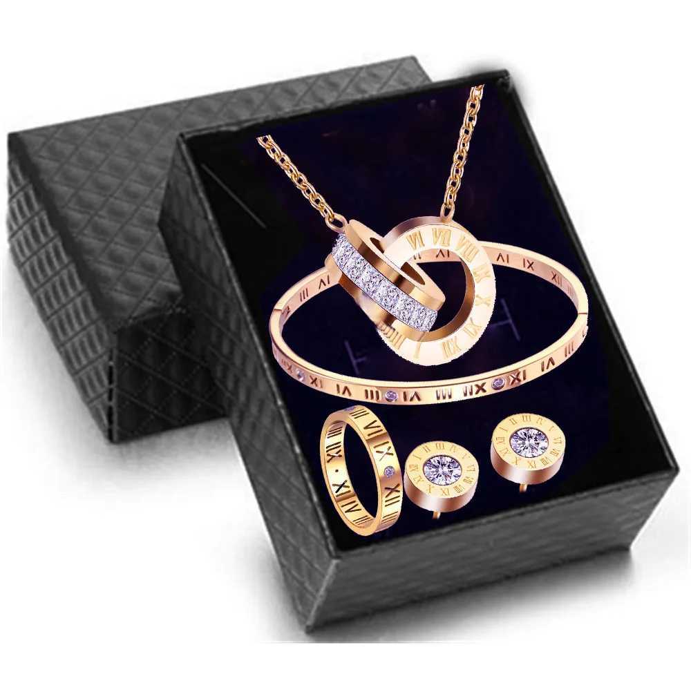 Luxury Roman numeral necklace earring bracelet ring set womens timeless 316L stainless steel wedding jewelry set gift box Y250408