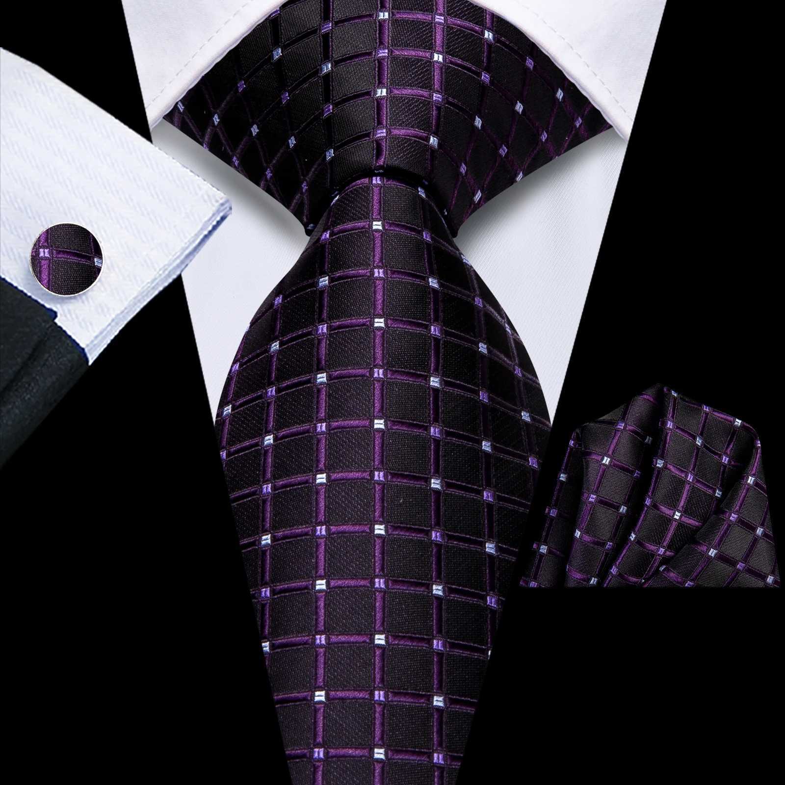 Hi-Tie Plaid Dots Purple Grey Mens Elegant Necktie Handkerchief Cufflinks for Tuxedo Fashion Classic Silk Luxury Tie for Man X250407