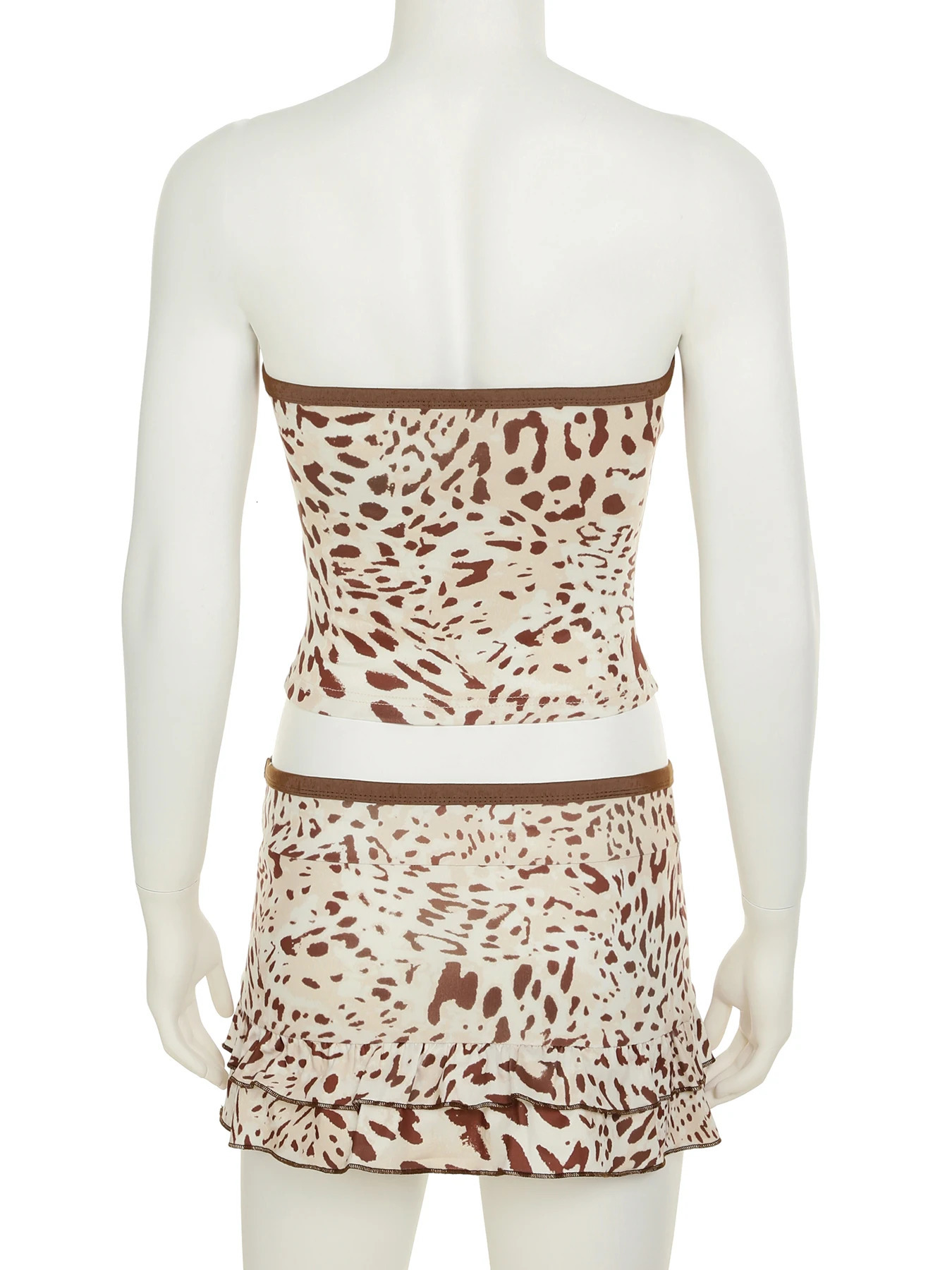IAMSURE Sexy Leopard Printed Dress Sets Women Holiday Slim Bow 2 Piece Sets Slash Neck Sleeveless Tube Tops Low-Waisted Skirts 250407