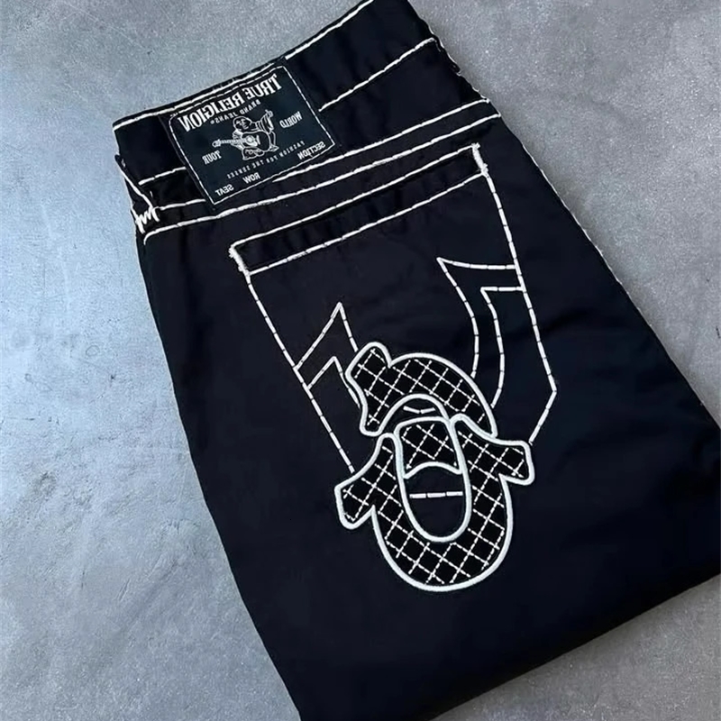 Harajuku Hip Hop Pocket Embroidery Baggy Jeans Vintage Buddha Jeans Men Women Streetwear Low Waist Wide Leg Trouser Y2K Clothing 250407