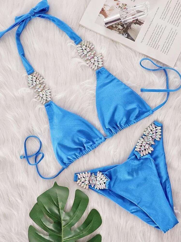 Dongdumaoyi Sexy Rhinestone Bikini Women Luxury Hot Pink Diamond Push Up Thong Swimsuit Summer Bathing Suit Two Piece Biquini