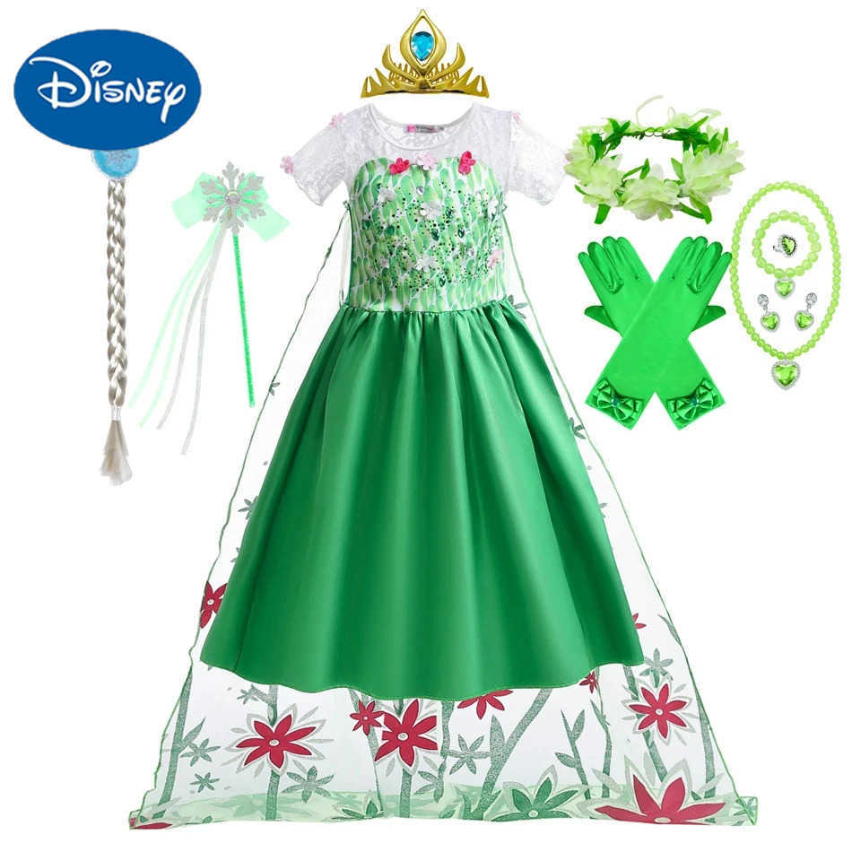 Disney Hot Elsa Green Birthday Surprise Party Green Dress for Girls Summer Children Long Cloak Lace Ball Dress X250408