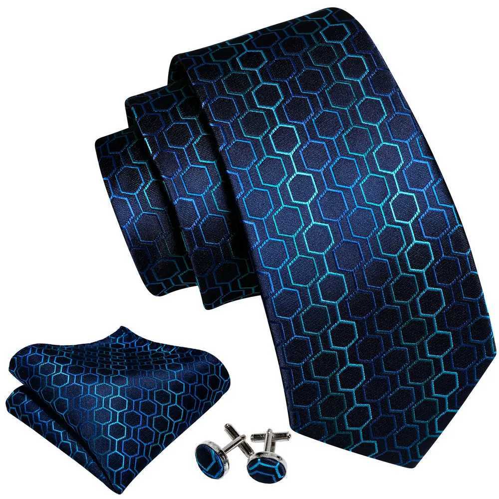 New Geetric Pattern Ties For Men Designer Blue Woven Jacquard Silk Necktie Handkerchief Cufflinks Sets Formal Party Barry. X250407