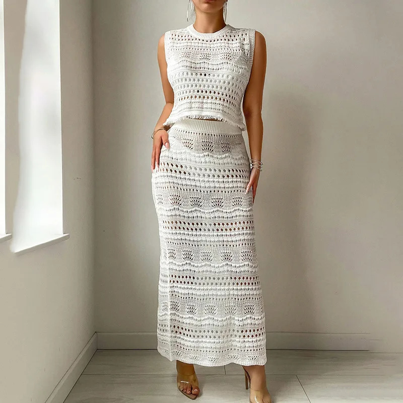 Summer Knitted Skiing two-piece Womens Sleeveless O-neck Crop TopElastic Waist Long Sleeve Casual White Beach Set 250401