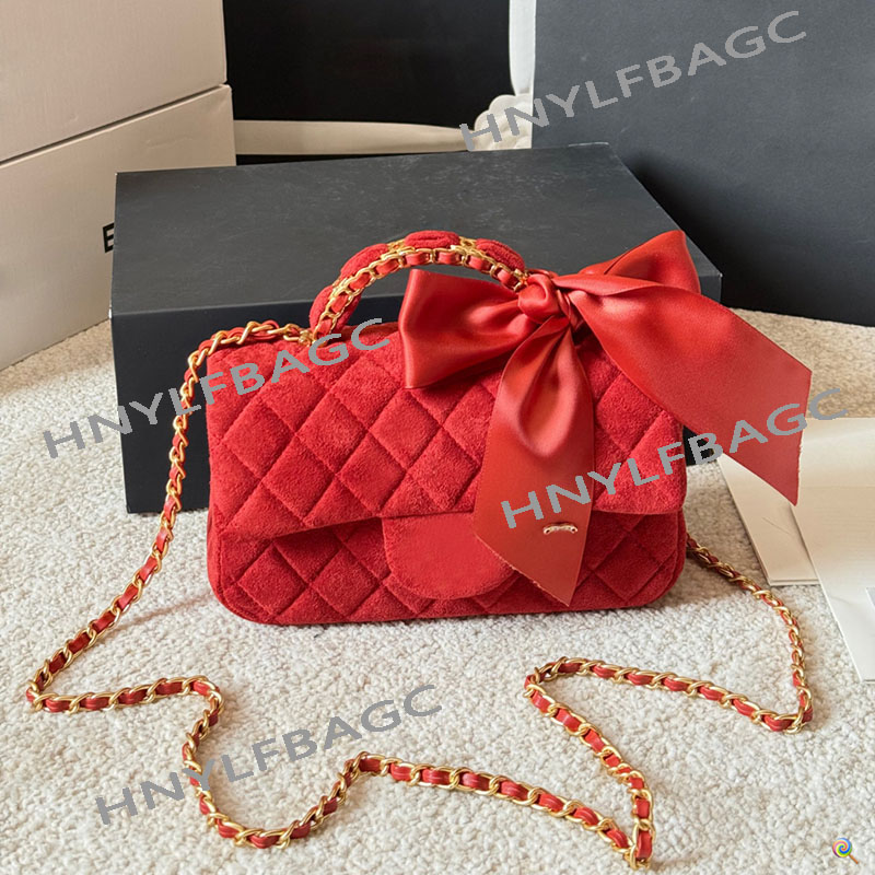 Ladies Designer Mini Classic Flap Bag with Woven Handle Bow Decoration Soft Suede Golden Hardware Diamond Pattern Shoulder Phone Holder Wallet Crossbody Tote 19cm