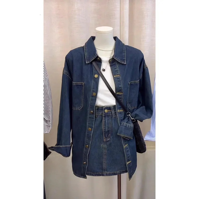 Early Autumn Style Korean Vintage Casual Single-Breasted Denim Shirt Jacket High-Waisted Skirt 2-Piece Set For Women 250408