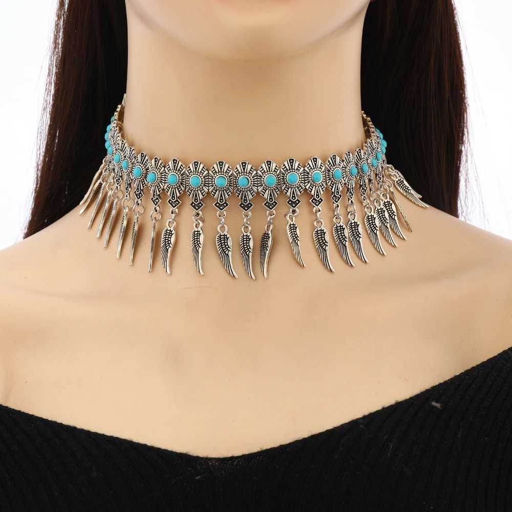 2025 Trend Neck Jewelry Bohemian Ethnic Style Vintage Alloy Rhinestone Wings Tassel Choker Necklace For Women Party AccessoriesC250407