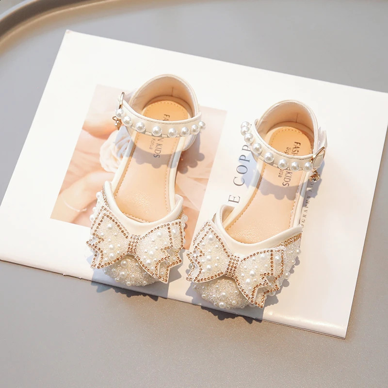 Childrens Bow Beaded Fashion Sandals Girls Round Head Princess Shoes Students Sweet Flat Dress Shoes Birthday Party Shoes 23-30 250408