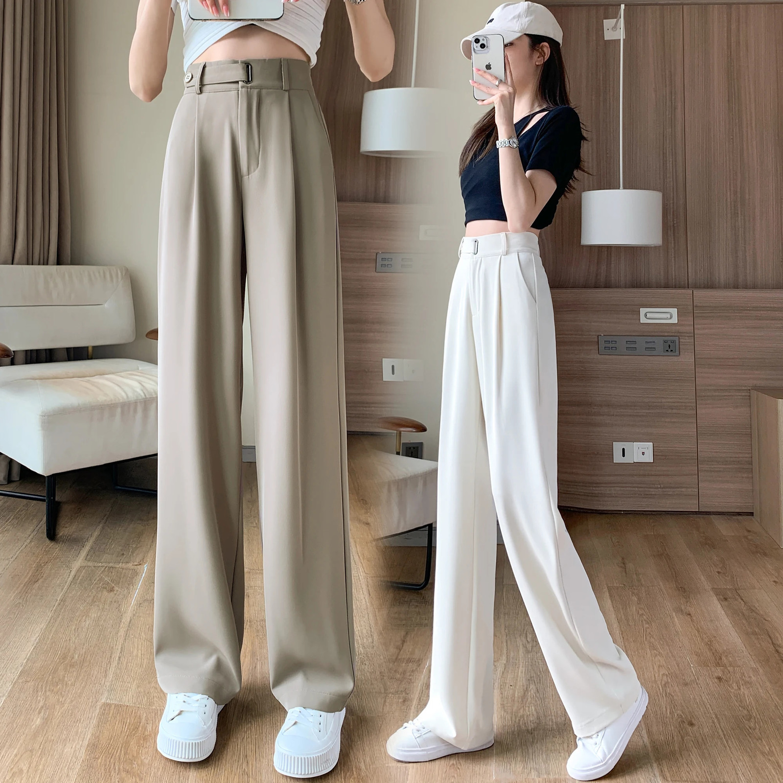 High Waist Set Wide Leg Womens Full Pants Button Spring/Summer Womens Elegant Minimalist Straight Loose Trouser 250402