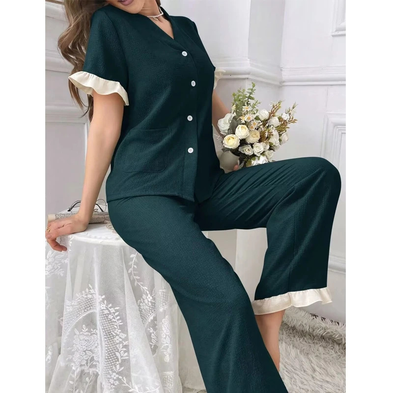 Stylish Solid Color Short Sleeve Pajama Set Button Up V-Neck Top Elastic Shorts Womens Comfortable Soft Homewear Loungewear Pjs 250408