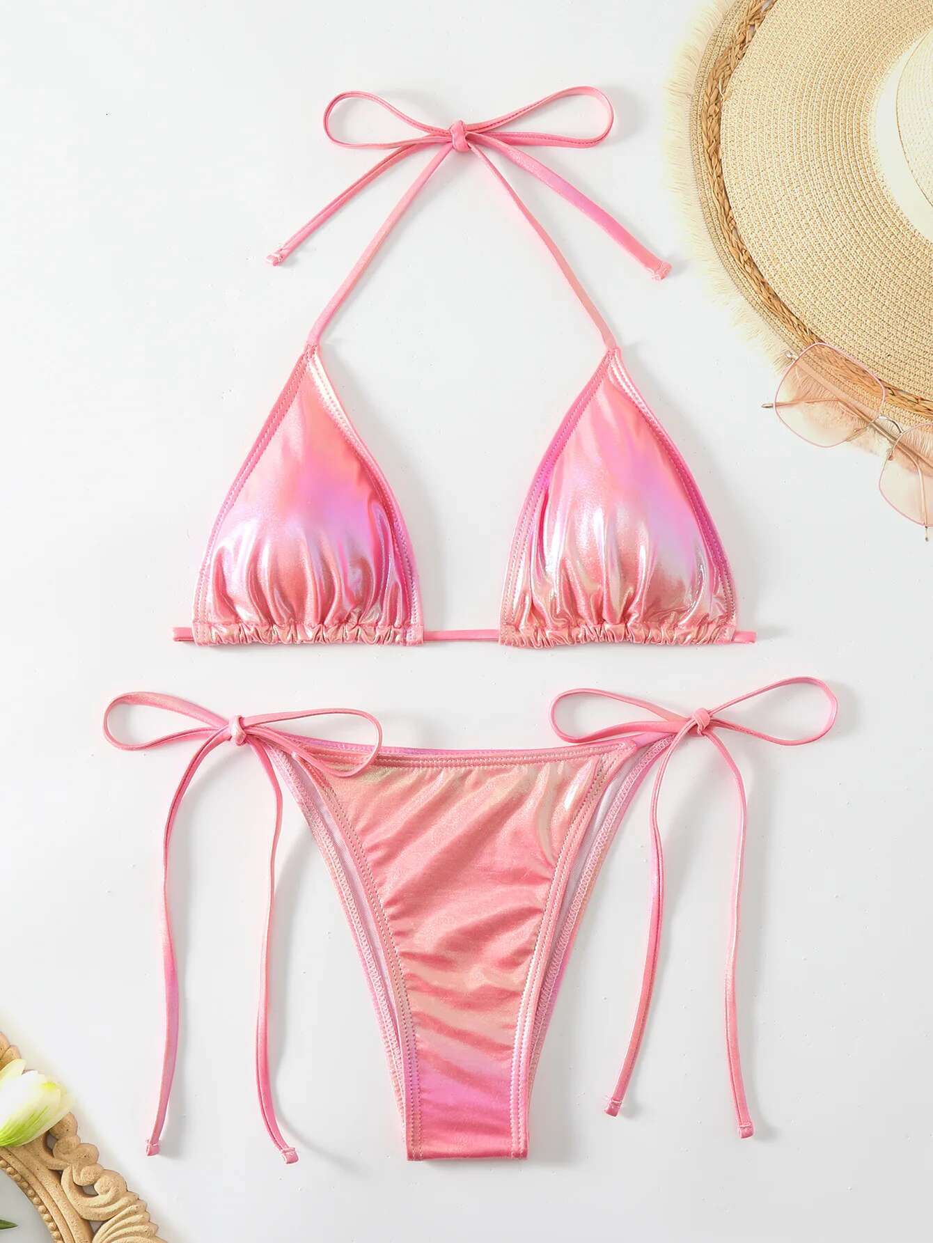 Dongdumaoyi Shiny Pink Bikini Sexy Push Up Bra Tie Side Thong Swimsuit Women Brazilian Beach Bathing Suit Micro Swimwear Traje De Ba O