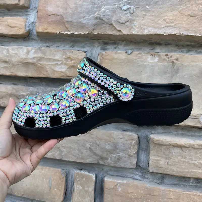 New Arrival EVA new single hole shoes womens summer womens slippers handmade diamond sandals shiny large diamond black slippers size 36-45 T250407